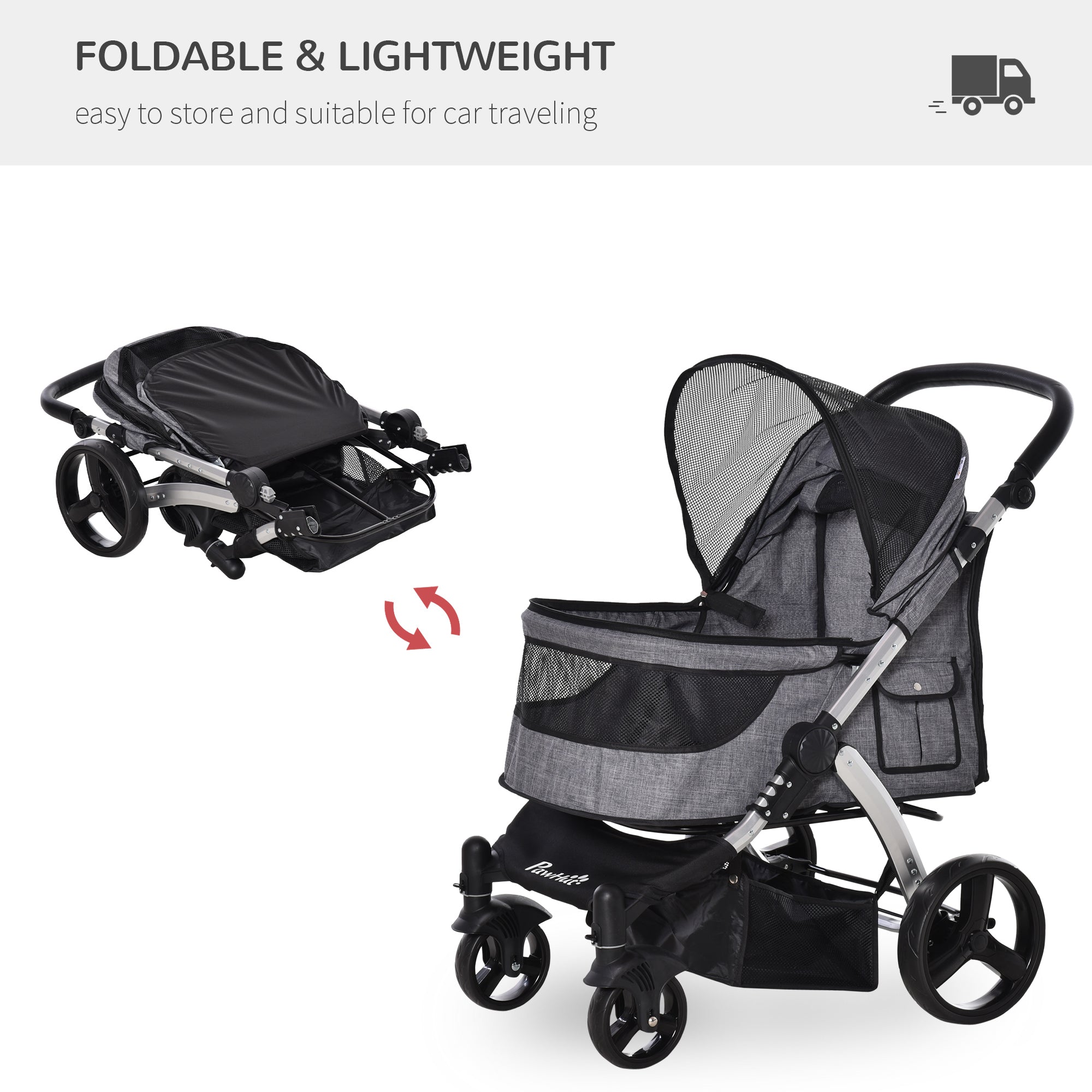 Pet Stroller Foldable Dog Cat Travel Carriage with Adjustable Handlebar PVC Wheel Brake Storage Bag Window Safety Leash