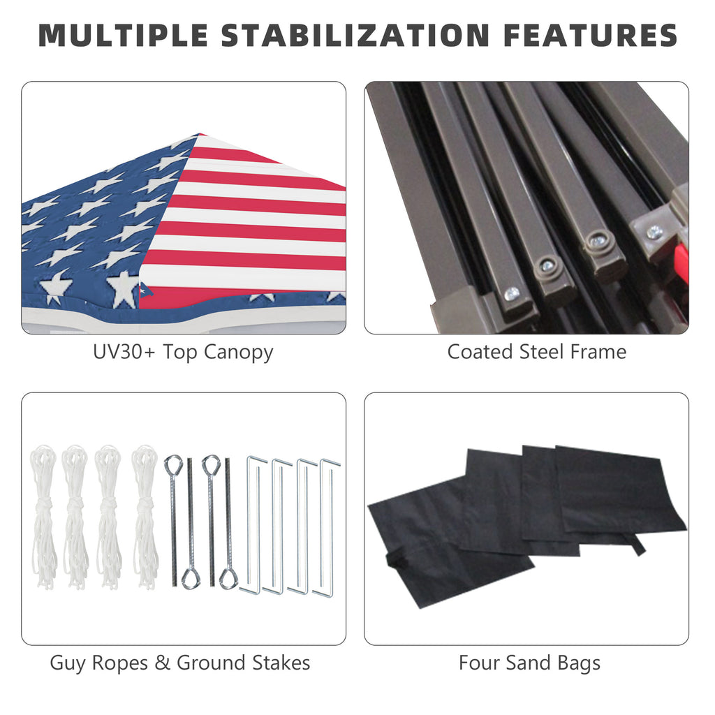 10' x 10' Pop Up Canopy Tent with Netting, Instant Tents for Parties, Height Adjustable, with Wheeled Carry Bag and 4 Sand Bags for Outdoor, Garden, Patio, American Flag