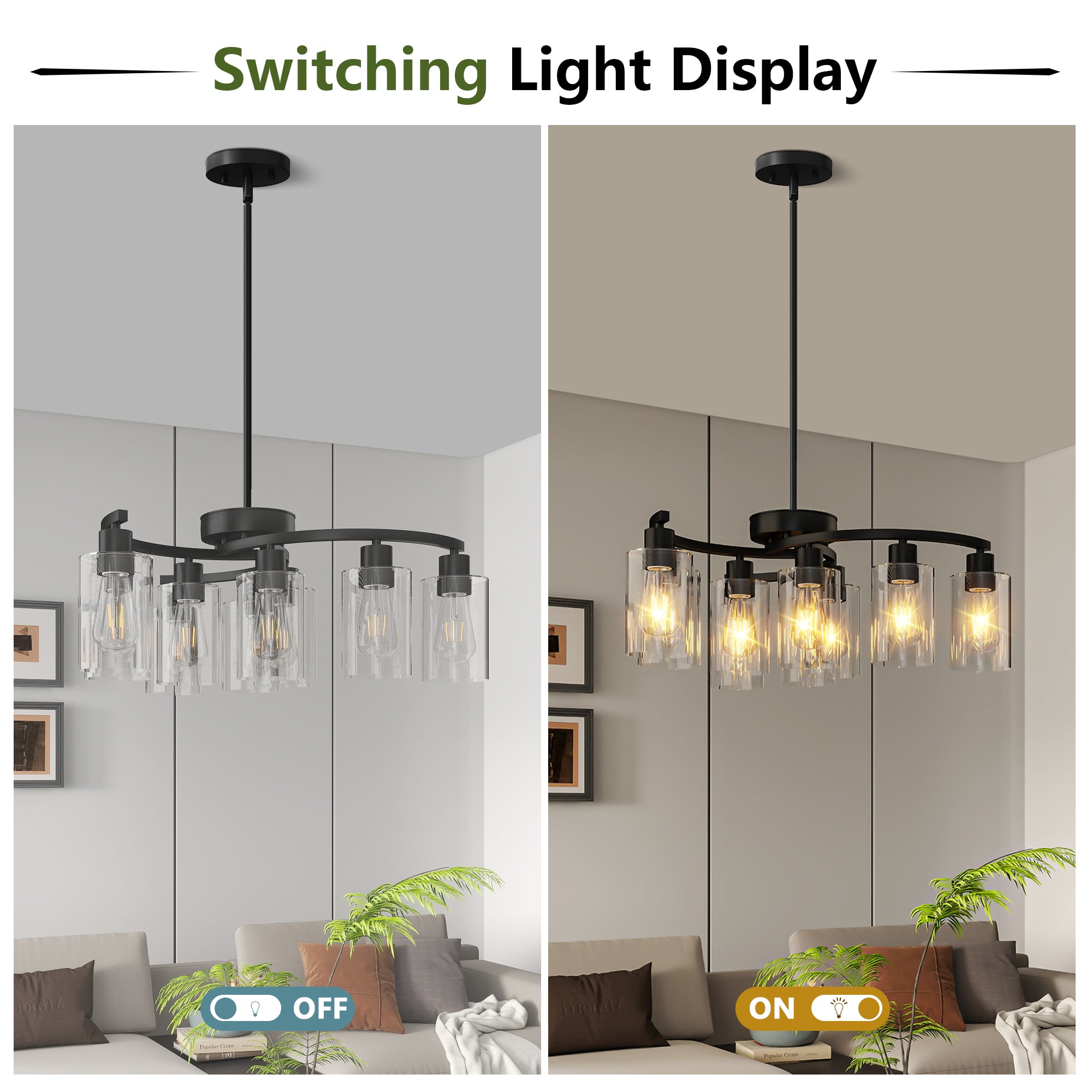 9-Light Black Modern Chandeliers For Dining Room, Adjustable Height Farmhouse Kitchen Island Lighting, Industrial Hanging Light Fixtures For Living Room Bedroom, Clear Glass Shade