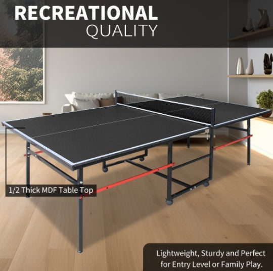 8ft Black Mid-Size Table Tennis Table Foldable & Portable Ping Pong Table Set For Indoor Games With Net, 2 Table Tennis Paddles And 3 Balls