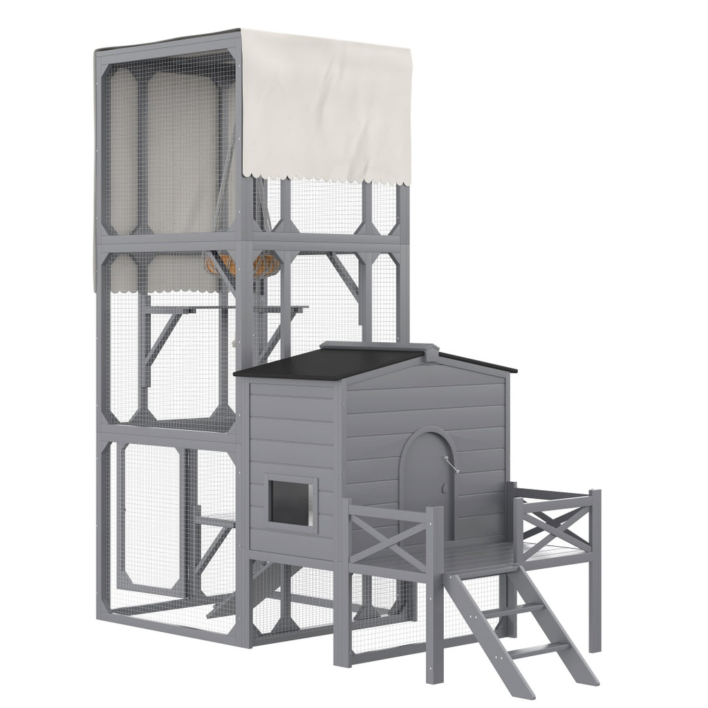 Catio Cat House Outdoor Large Cat Enclosure, Wooden Cat Cage For Multiple Cats With Jumping Platforms And Cat Swing, Removable Waterproof Cover, UV Resistant, 2 Combination, Gray