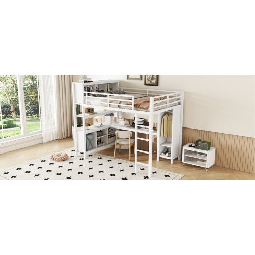 Metal Loft Bed With Wardrobe And L-shaped Desk, Full Size Loft Bed With Storage Cubes And Shelves, Heavy Duty Loft Bed For Kids Teens Adults