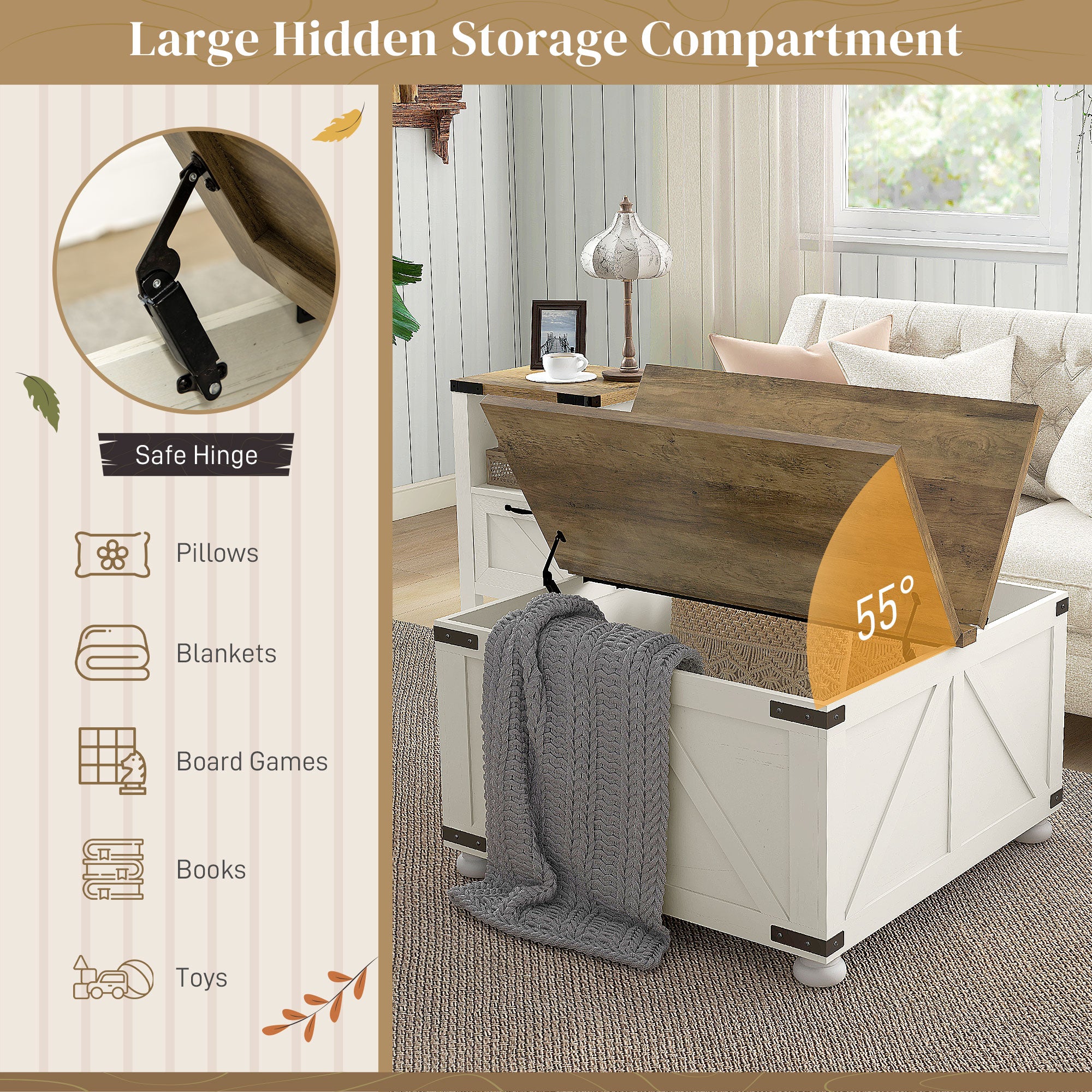 Farmhouse Coffee Table with Storage, Large Square Coffee Table for Living Room Furniture, Wooden Center Table