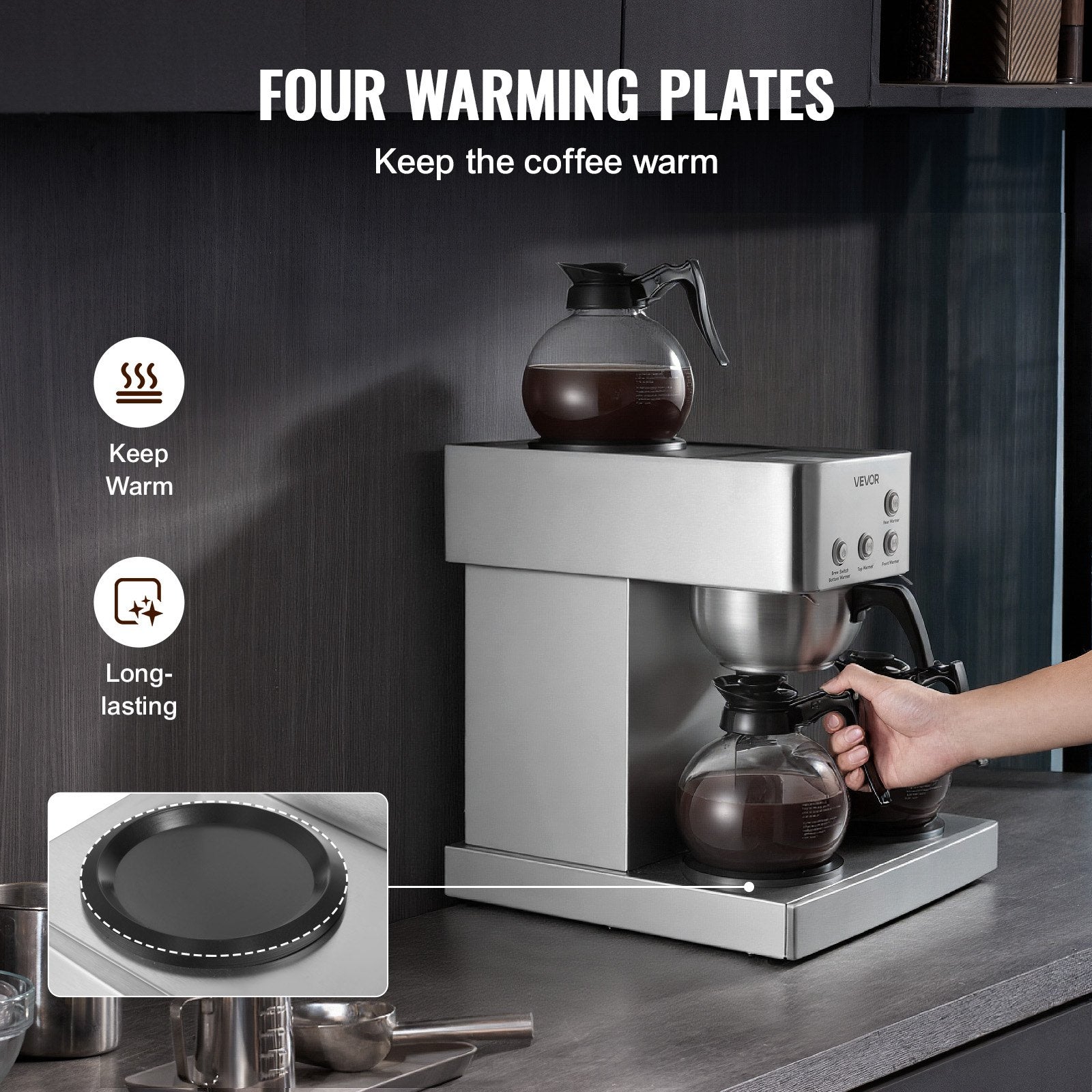 Commercial Drip Coffee Maker, 12 Cups Coffee-Maker Machine With 4 Glass Carafes And 4 Decanter Warmer Plates, Stainless Steel Drip Style Coffee Brewer, For Restaurant, Office, Coffee Shop & Home