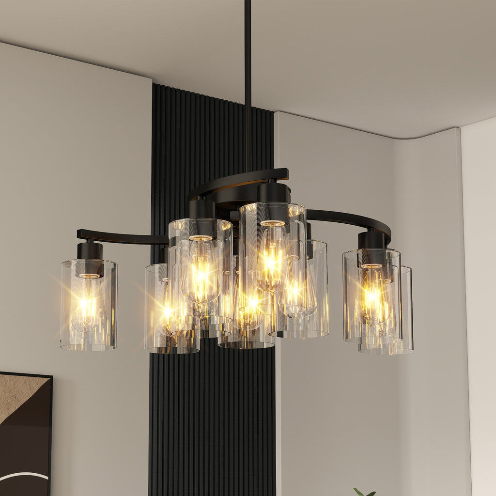 9-Light Black Modern Chandeliers For Dining Room, Adjustable Height Farmhouse Kitchen Island Lighting, Industrial Hanging Light Fixtures For Living Room Bedroom, Clear Glass Shade