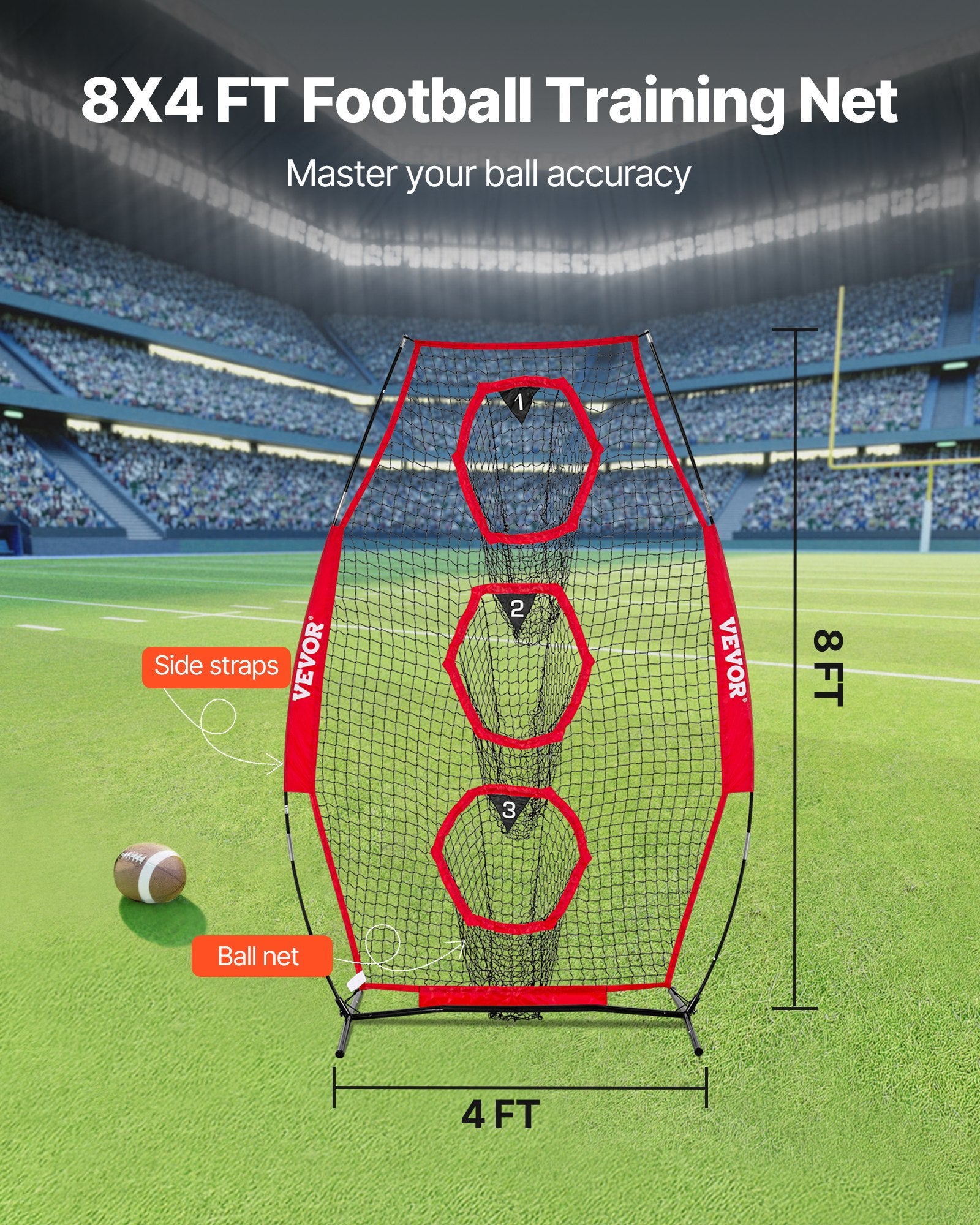 8 X 4 Inch Football Trainer Throwing Net, Training Throwing Target Practice Net With 5 Target Pockets, Knotless Net Includes Straps And Portable Carry Case, Improve QB Throwing Accuracy, Red