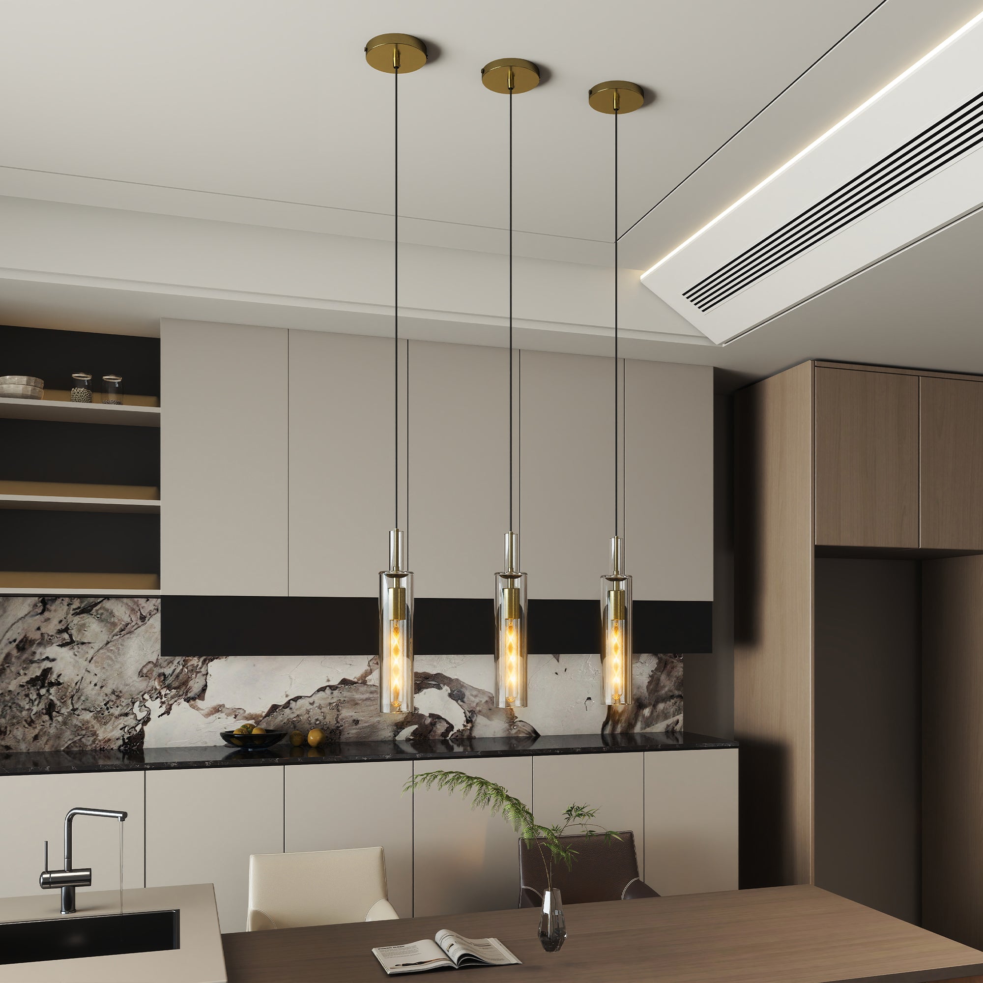 Gold Pendant Light Fixtures, 3 Pack Modern Pendant Lighting With Clear Striped Glass Shade, Hanging Pendant Lights Kitchen Island, Farmhouse Pendant Lighting For Dining Room Bedroom Bathroom
