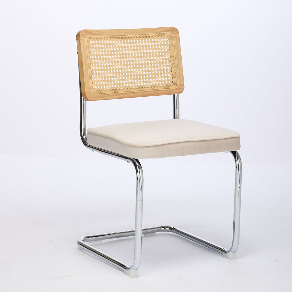 Mid Century Modern Dining Chairs Set Of 2, Velvet Accent Chairs With Natural Cane Back & Stainless Chrome Base, Famous Breuer Designed Chairs, Upholstered Rattan Kitchen Chairs,Beige