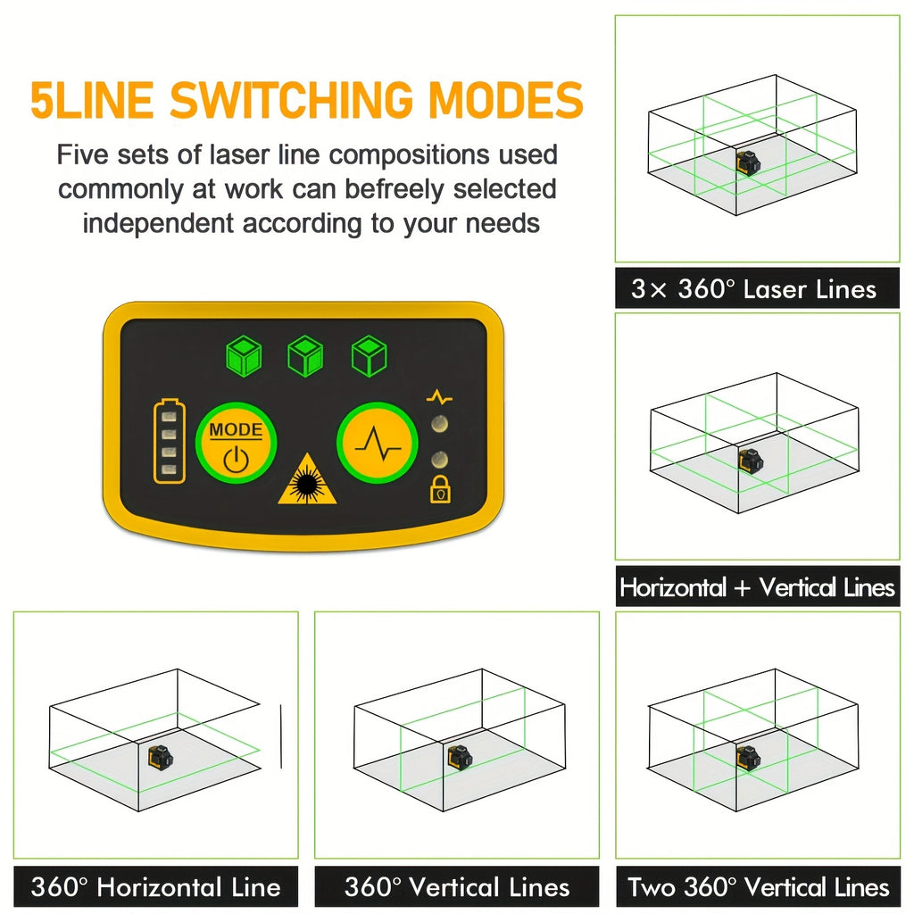 Self Leveling Laser Level Tool, 3x360 Line Lasers, 12 Lines Green Beam Leveler Tool, With Self-leveling, Manual, Pulse Mode, Lazer Level With 360 Magnetic Base And Rechargeable Battery