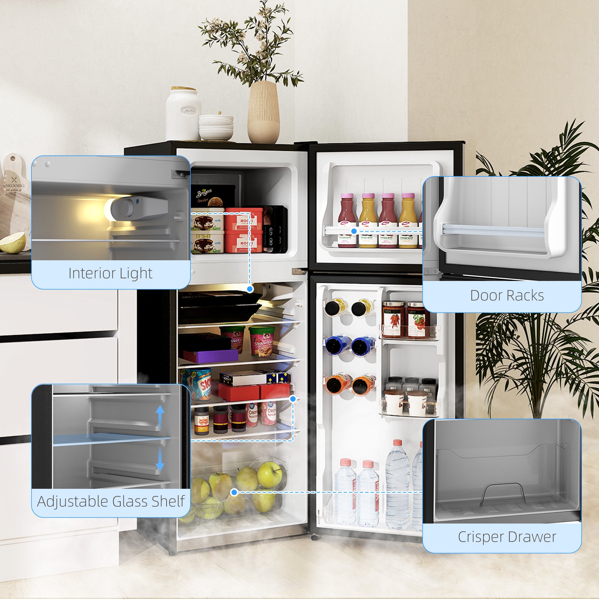 Small Fridge with Freezer, 4 Cu Ft Refrigerator with Reversible Doors, Silver