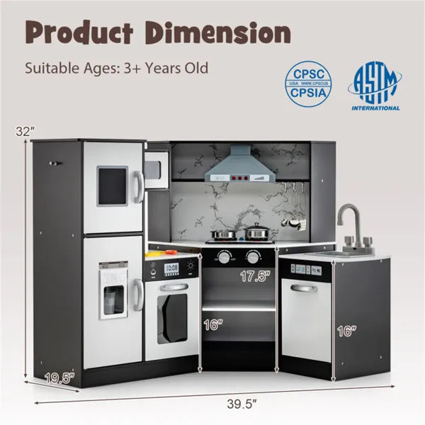 Interactive Kids Play Kitchen With Ice Maker & Chalkboard, Corner Design Pretend Cooking Set With Realistic Sound Effects-Coffee