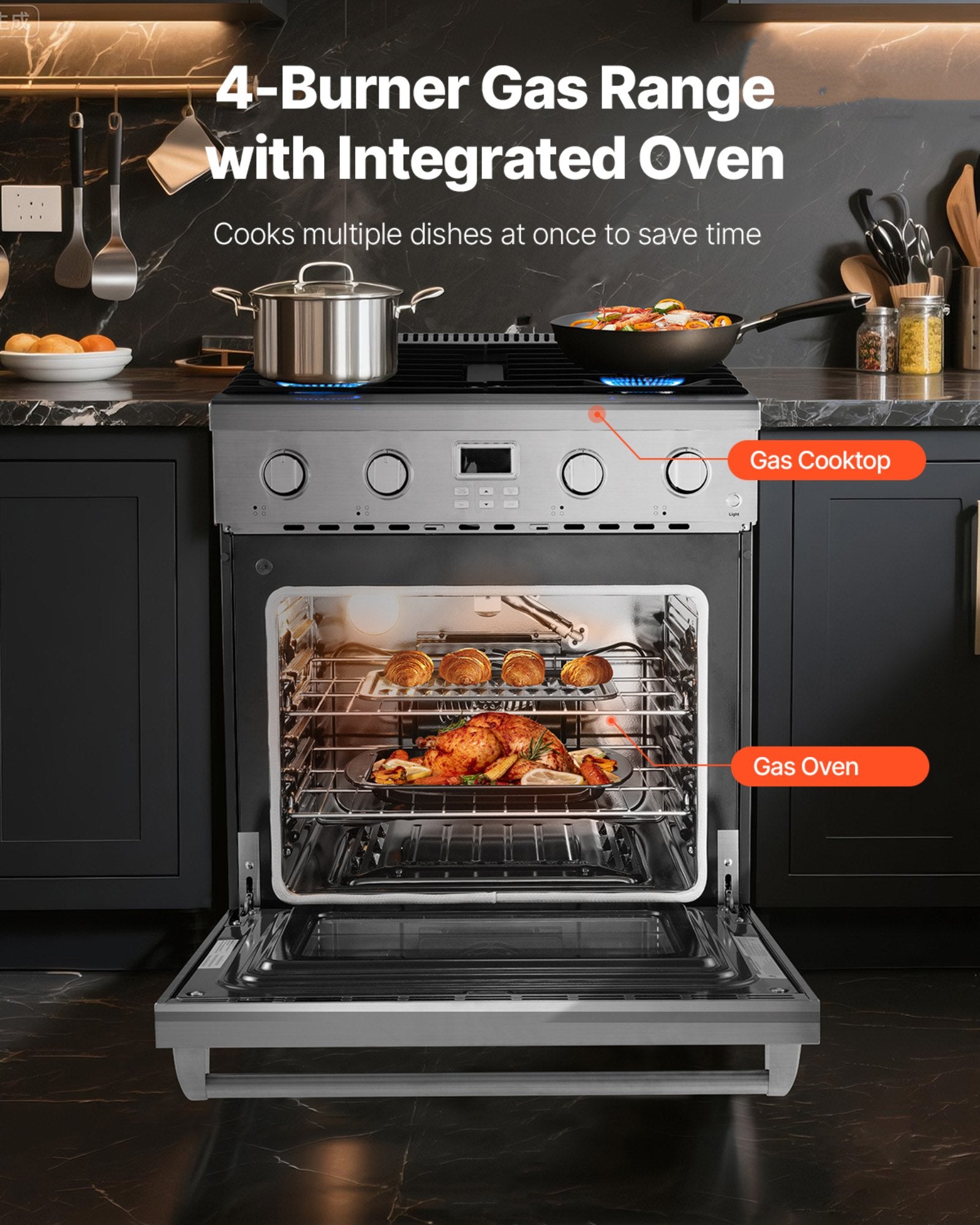 30 In Gas Range Oven 4 Sealed Burners Convection Oven In Stainless Steel