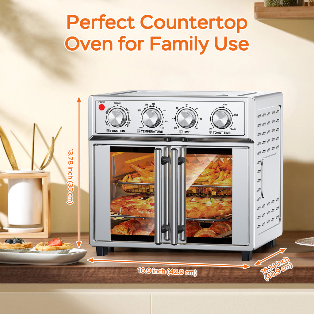 29.5 QT Air Fryer Convection Toaster Oven, French Door, 6 Slices, 1700W, Multifunction Oven, Air Fryer, Toast, Grill, Defrost, Bake, Time And Temperature Controls, Silver