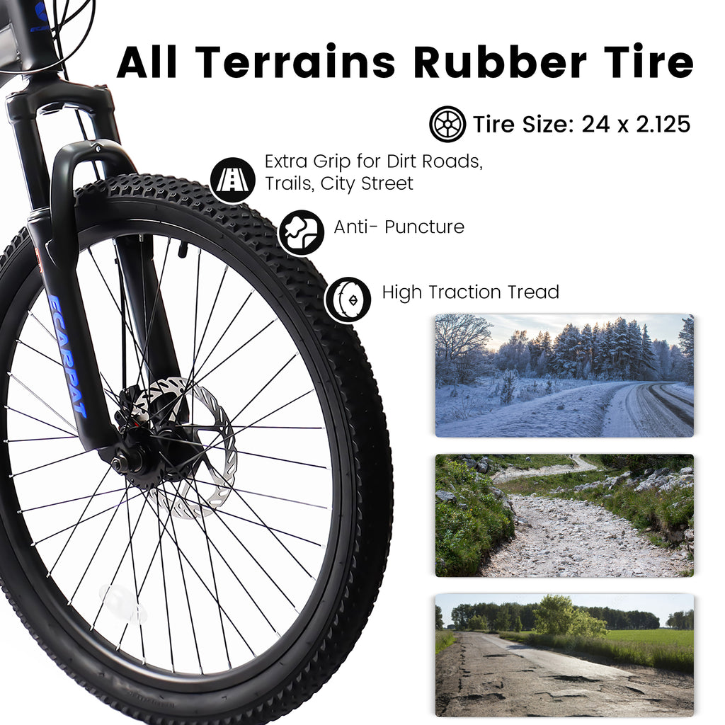 A2460 24 Inch Mountain Bike With Full Suspension, 21 Speed Shifter Lever With Gear Indicator, High Carbon Steel Frame, Mechanical Disc Brakes, Unisex For Men Women Adults, Ideal For Trails.
