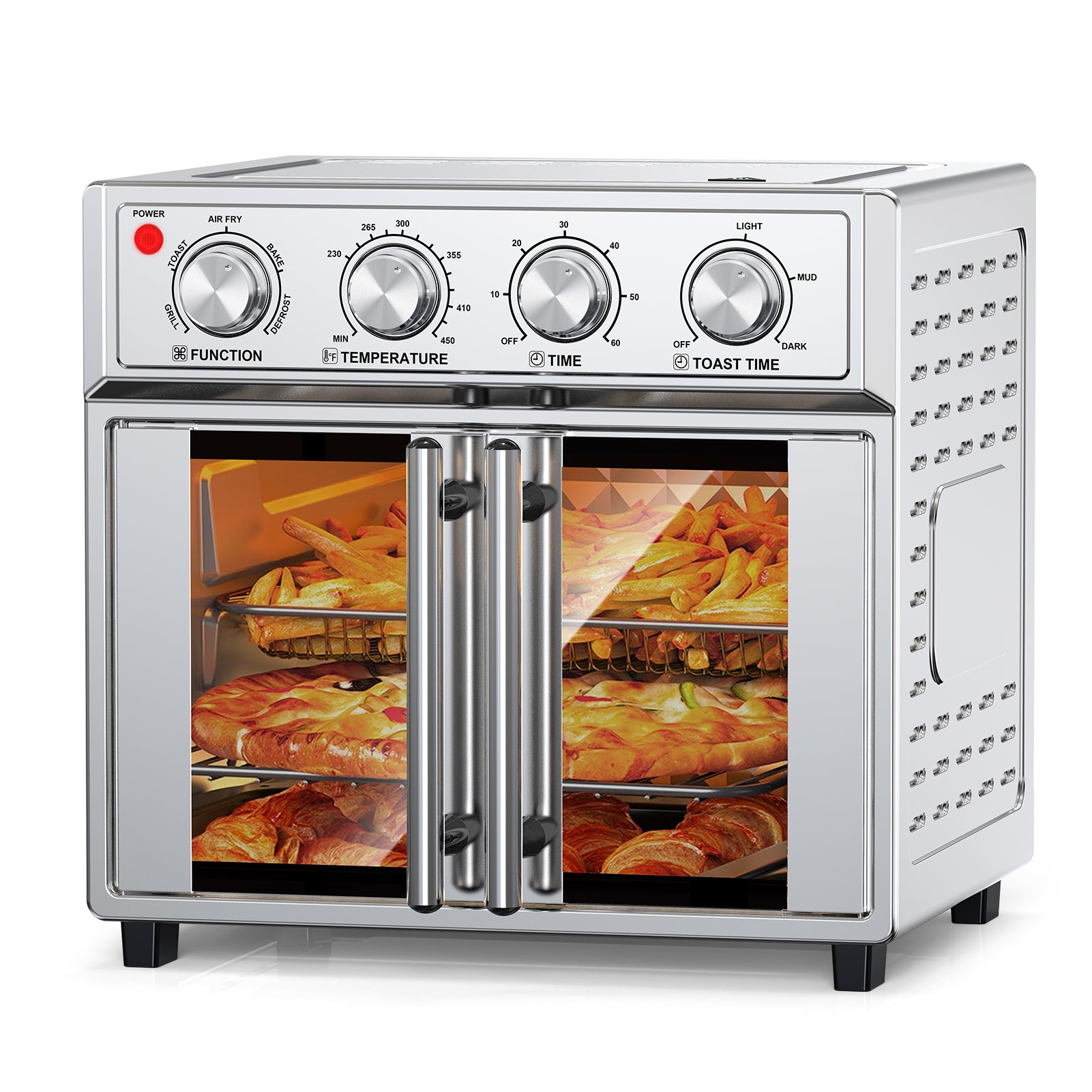 29.5 QT Air Fryer Convection Toaster Oven, French Door, 6 Slices, 1700W, Multifunction Oven, Air Fryer, Toast, Grill, Defrost, Bake, Time And Temperature Controls, Silver