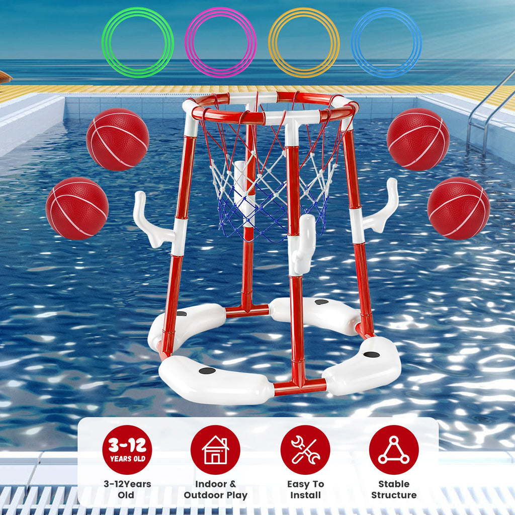 1Set Summer Pool Basketball Hoop Toy Set With 4 Basketballs 4 Circles Floating Swimming Pool Basketball Games Poolside Water Play Toy For 3 To 12Years Old Kids Adults