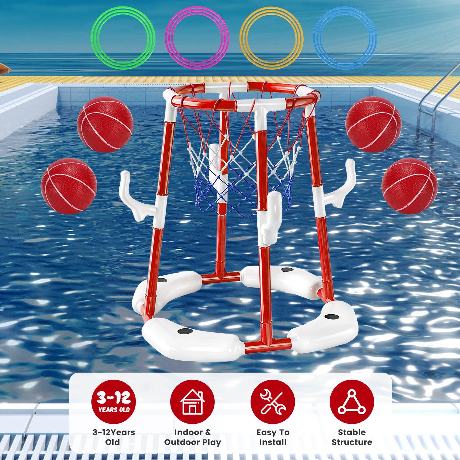 1Set Summer Pool Basketball Hoop Toy Set With 4 Basketballs 4 Circles Floating Swimming Pool Basketball Games Poolside Water Play Toy For 3 To 12Years Old Kids Adults
