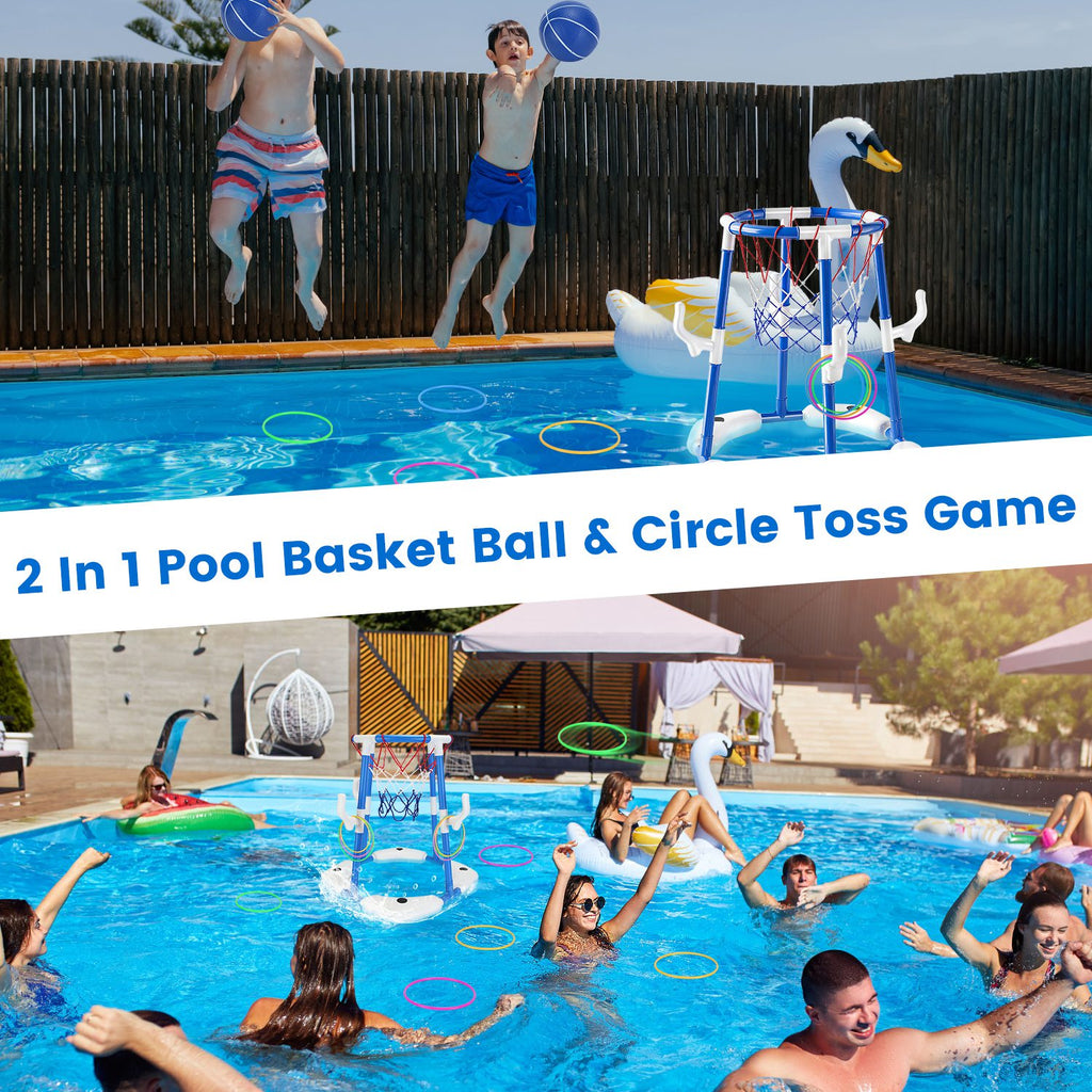1Set Summer Pool Basketball Hoop Toy Set With 4 Basketballs 4 Circles Floating Swimming Pool Basketball Games Poolside Water Play Toy For 3 To 12Years Old Kids Adults