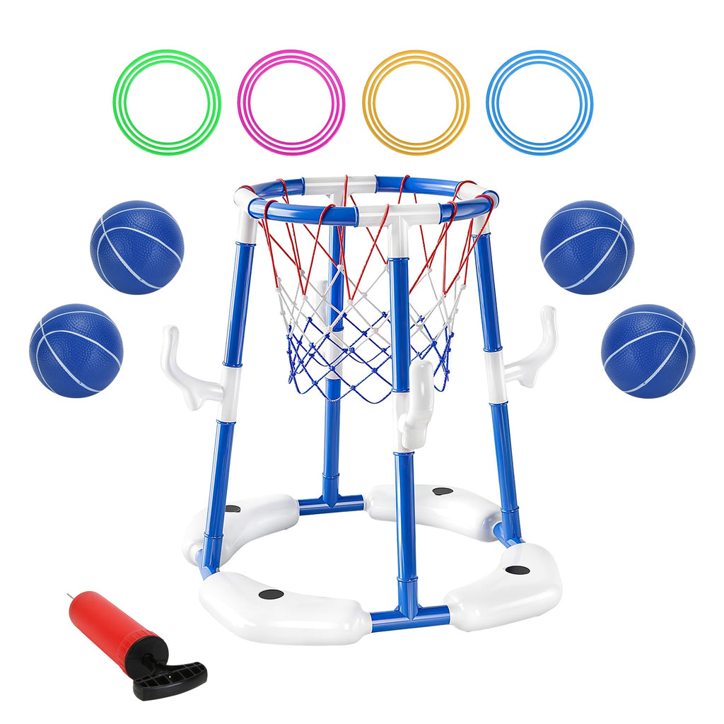 1Set Summer Pool Basketball Hoop Toy Set With 4 Basketballs 4 Circles Floating Swimming Pool Basketball Games Poolside Water Play Toy For 3 To 12Years Old Kids Adults