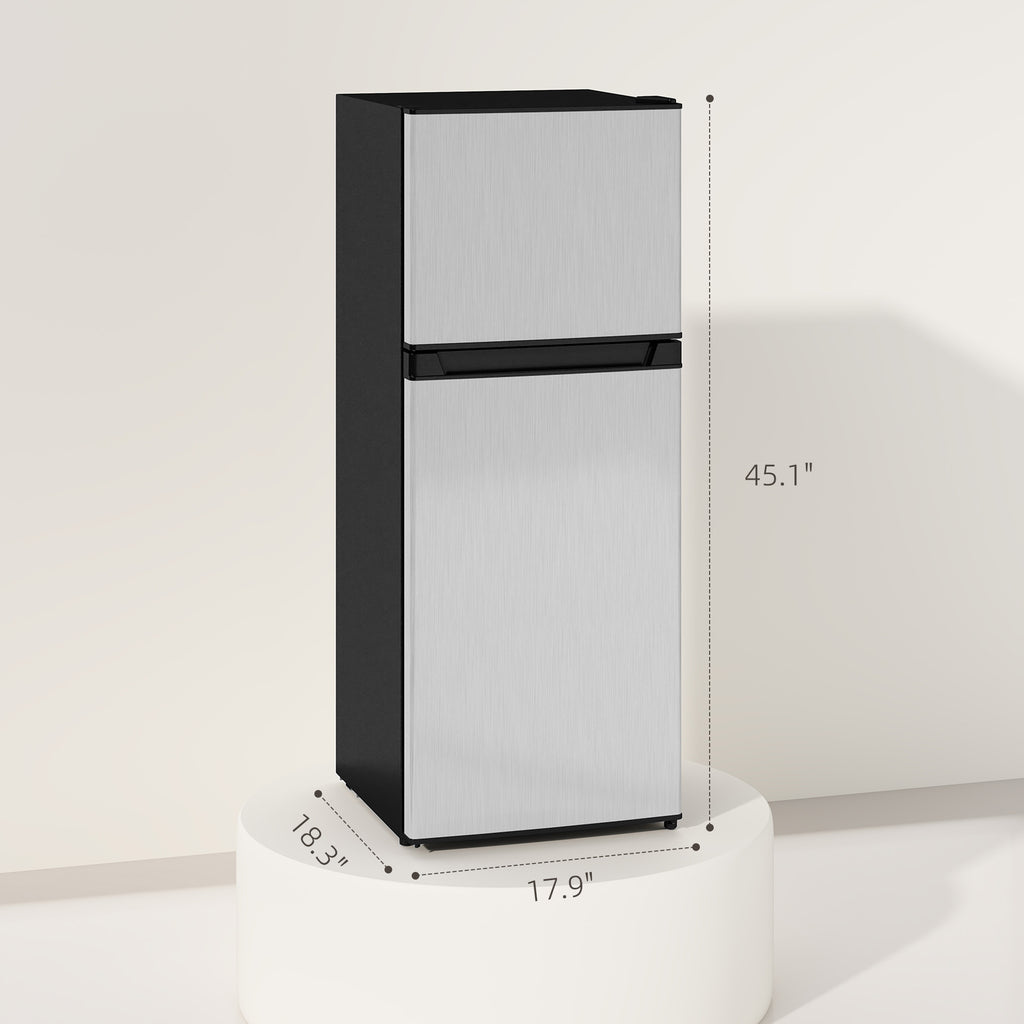 Small Fridge with Freezer, 4 Cu Ft Refrigerator with Reversible Doors, Silver