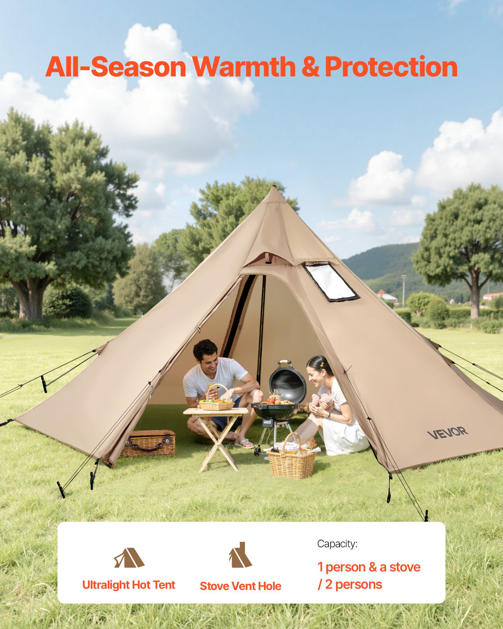 Hot Tent For 2 Persons, Portable Winter Tipi Tent With Stove Jack, Waterproof Canvas Camping Tents,  Lightweight 4 Season Shelter Tents For Hiking Fishing Backpacking, S Size