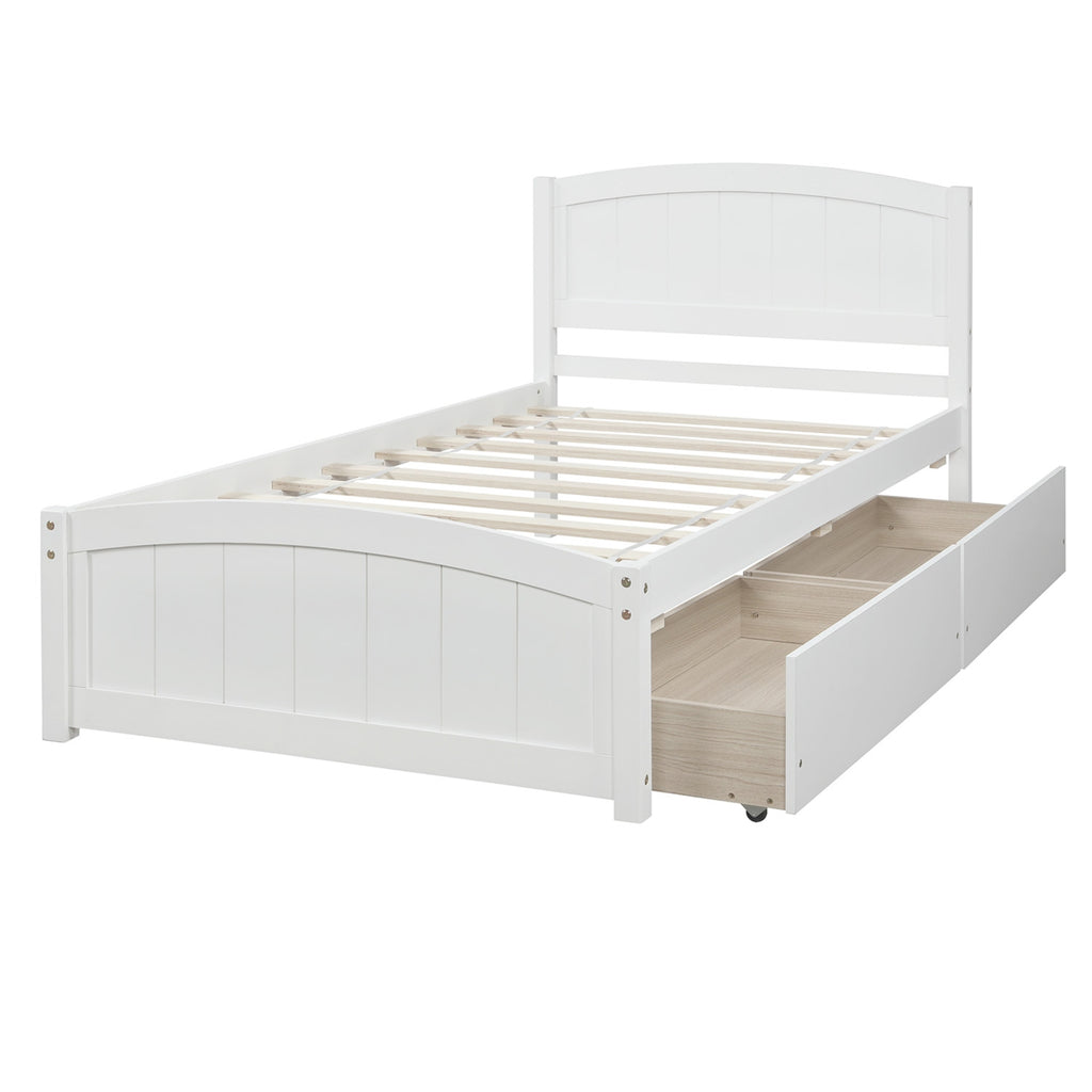 Twin Size Platform Bed With Two Drawers, White