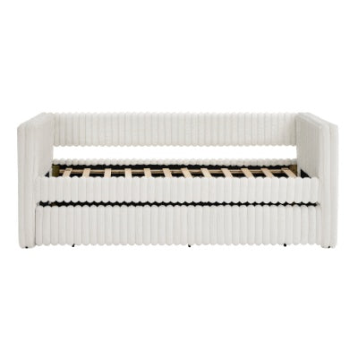 Twin Size Daybed, Upholstered Sofa Bed,The Bottom Pulls Out To Form A Bed ,Striped Corduroy Fabric- Beige 86x43.5x34