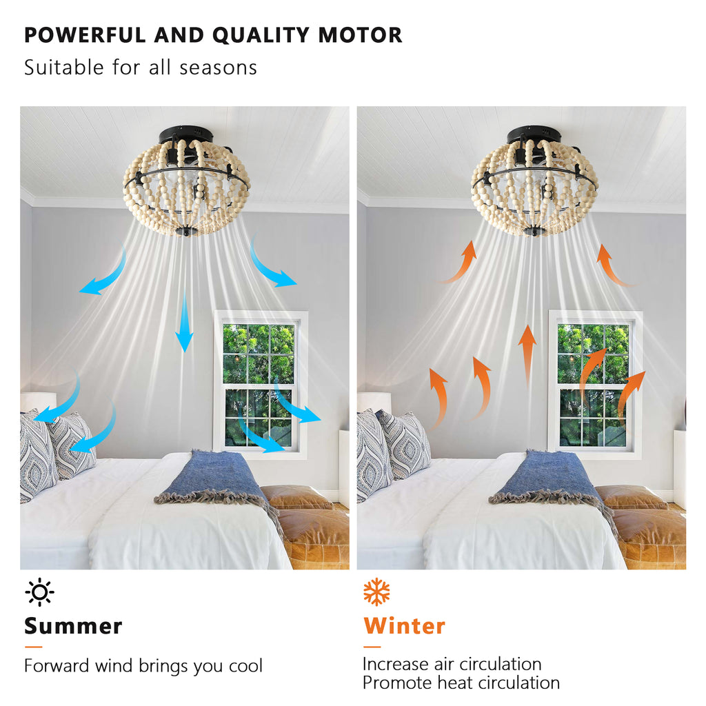 18 Bohemian Wood Beaded Ceiling Fan With Light, Flush Mount Caged Ceiling Fan, Rustic Farmhouse Low Profile Fan Light Fixture For Indoor Home Decor  Silent 6-Speed Reversible  DC Motor  No Bulbs