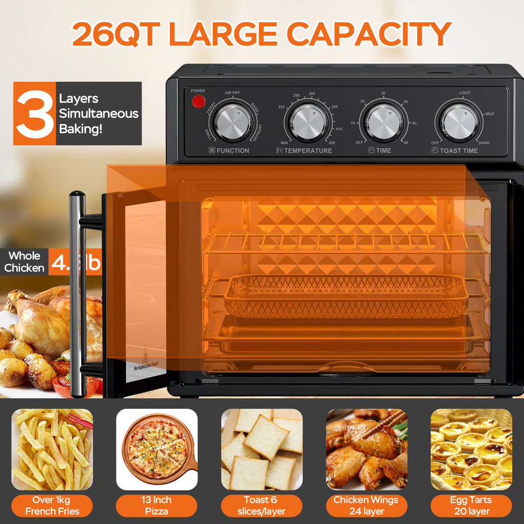 29.5 QT Air Fryer Convection Toaster Oven, French Door, 6 Slices, 1700W, Multifunction Oven, Air Fryer, Toast, Grill, Defrost, Bake, Time And Temperature Controls, Black