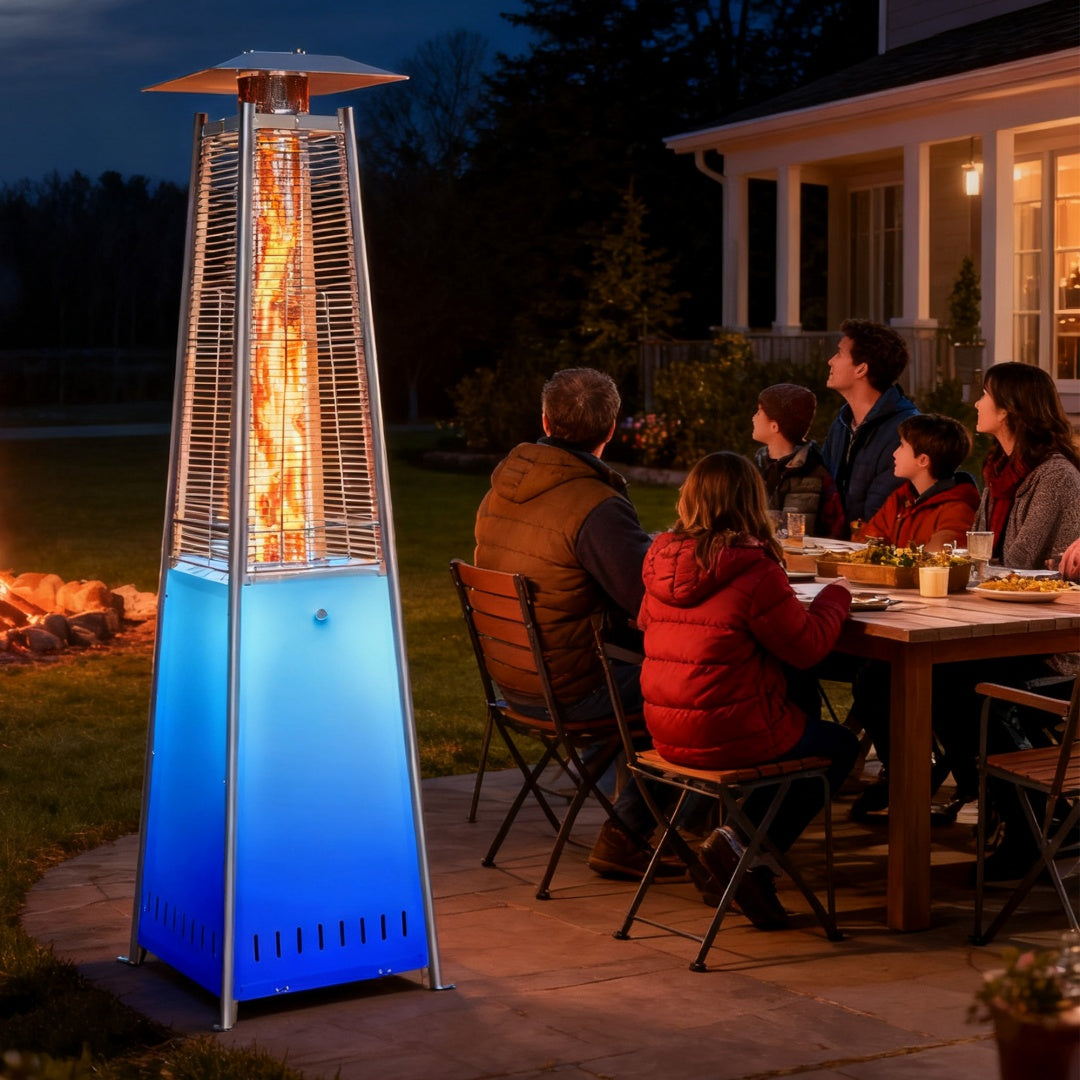 Pyramid Patio Heater, 48000 BTU Outdoor Heater With Wheels And Ignition, LED Propane Patio Heater