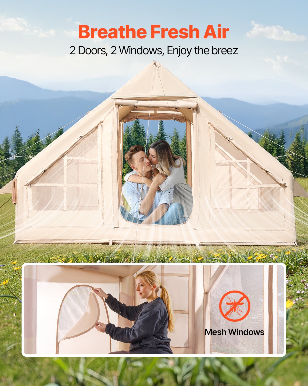 Inflatable Tents For Camping, 3-5 Person Easy Setup Blow Up Tent With Hand Pump, 300D Oxford 4 Season Glamping Tent With Stove Jack 2 Doors & 2 Mesh Windows, Storage Bag Included For Easy Taking