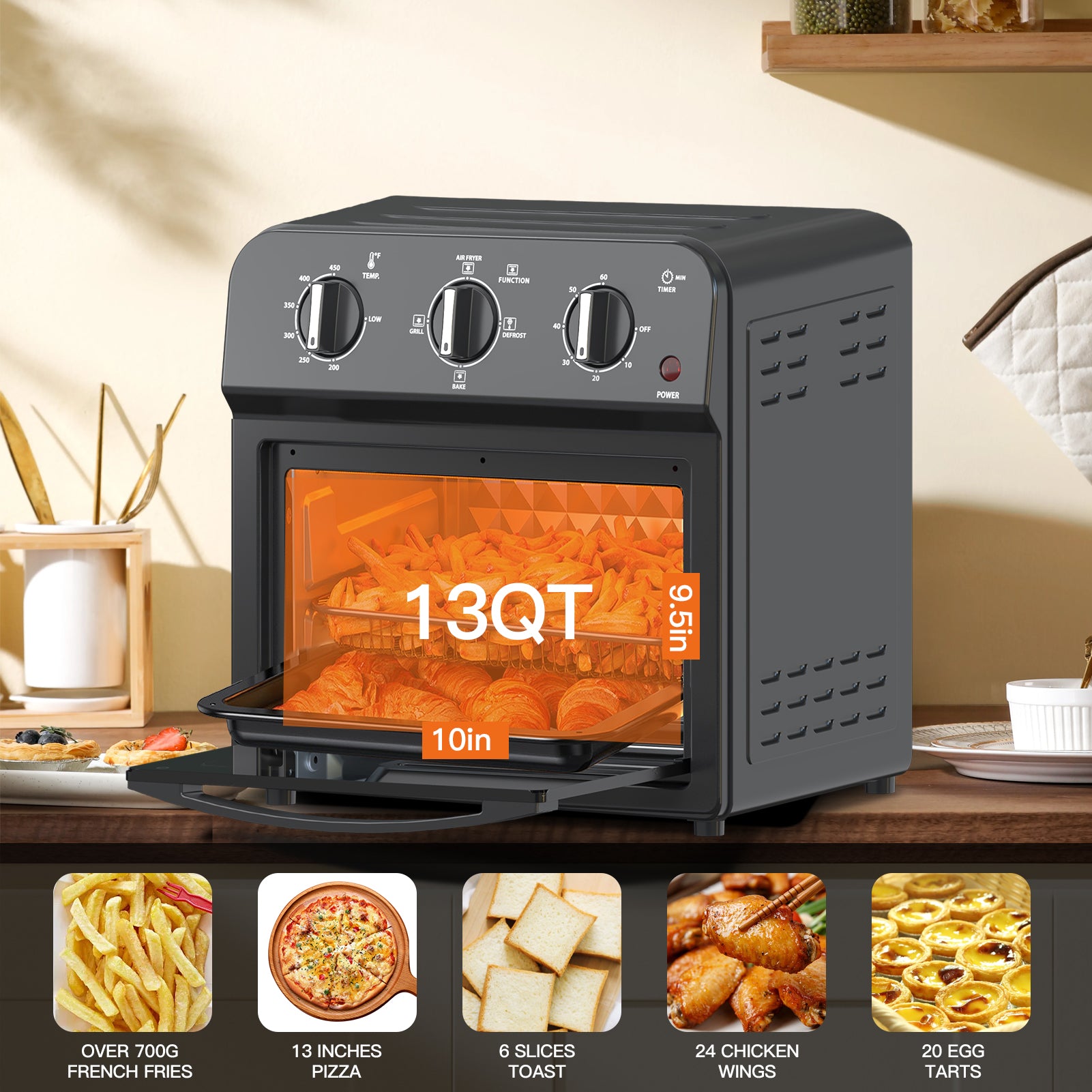 Family Size Air Fryer Toaster Oven Combo,13QT,Hot Air Circulation For Healthy Oil-Free Cooking, Multifunctional Convection Contertop Oven, Adjustable Time & Temp Control