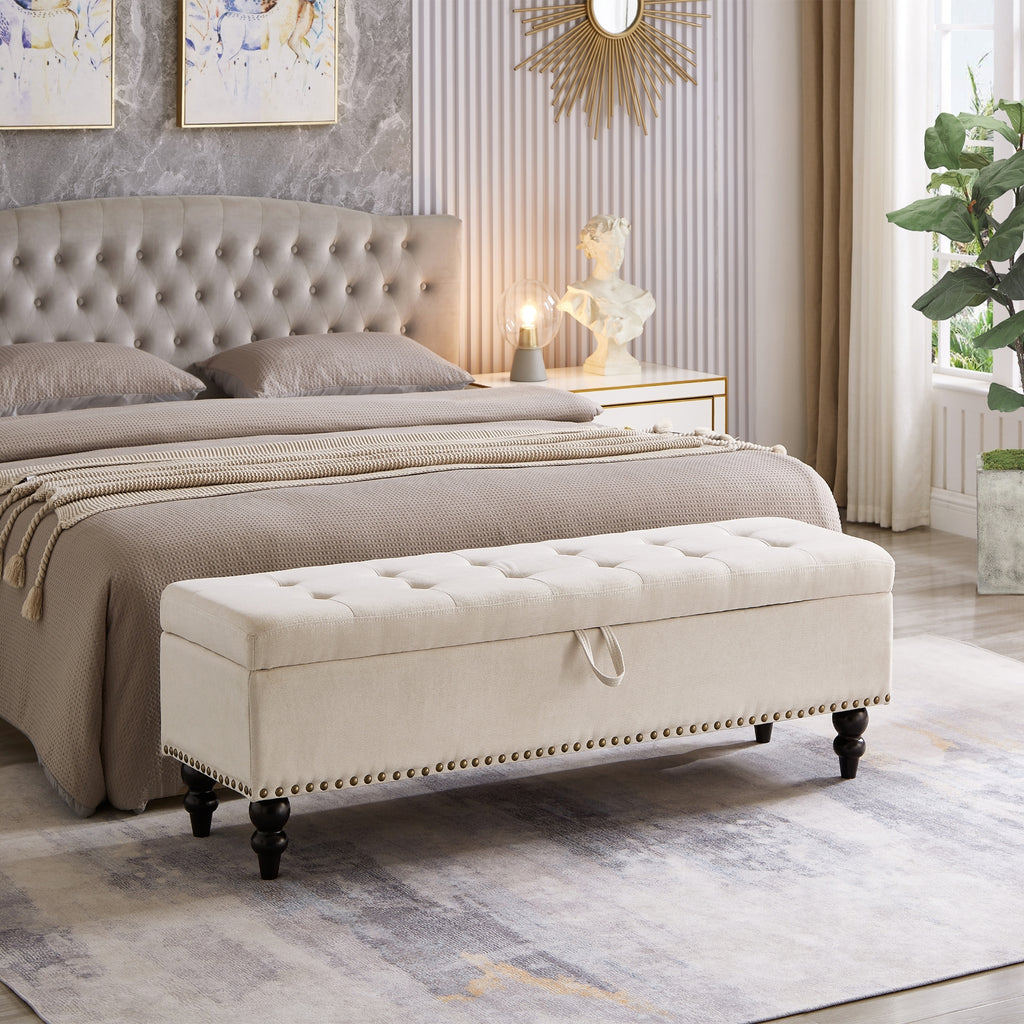 59 Bed Bench Ottoman With Storage Beige Fabric