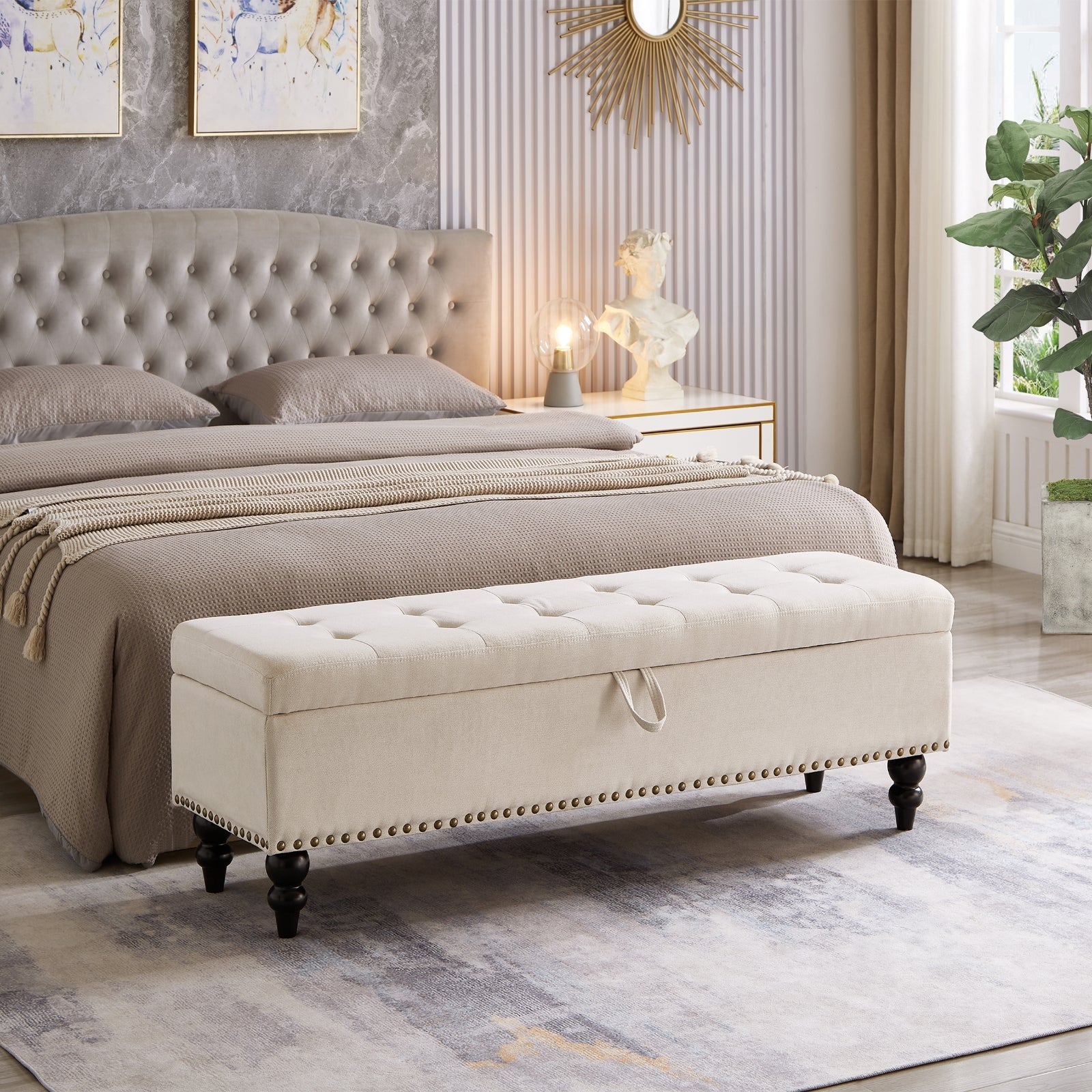 59 Bed Bench Ottoman With Storage Beige Fabric