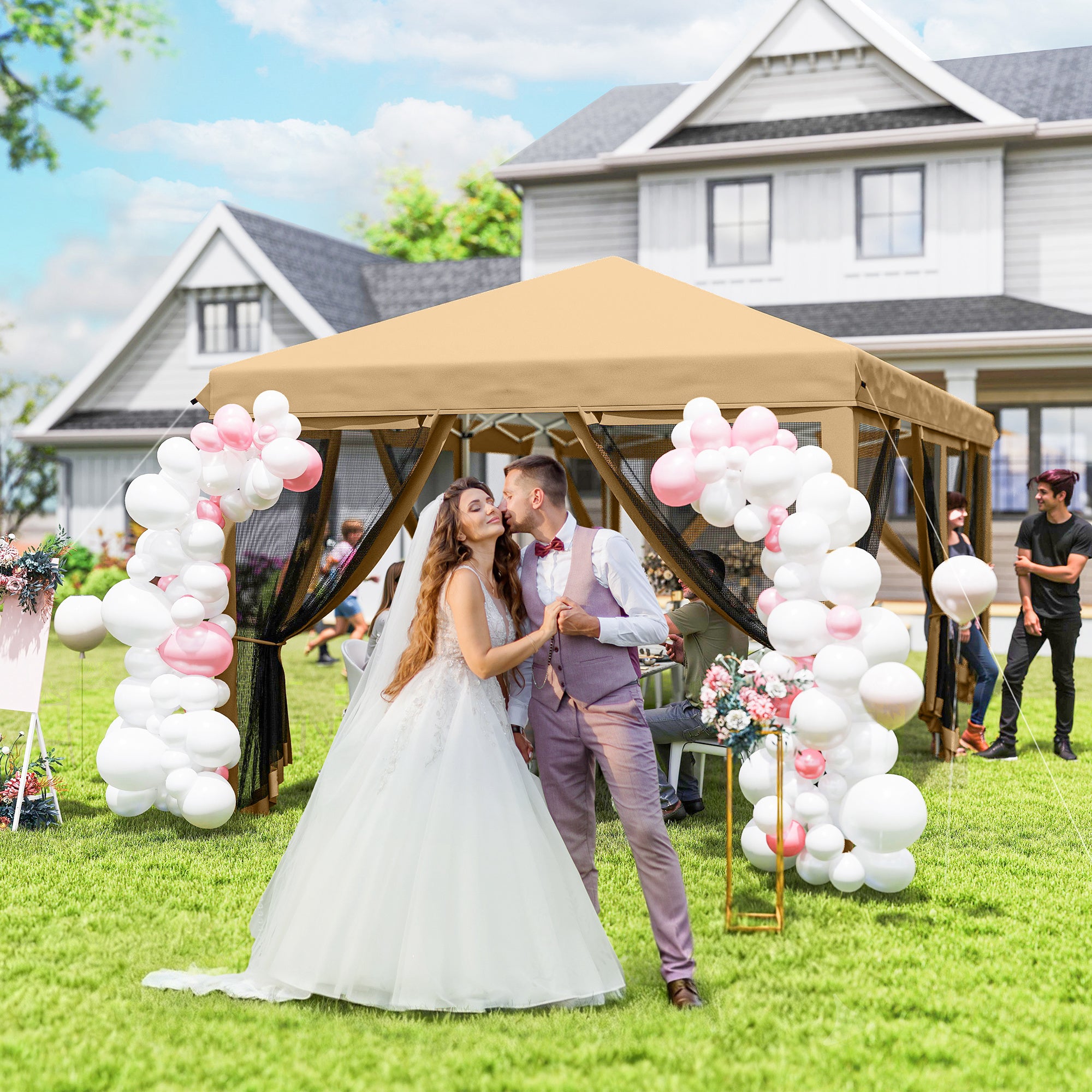 10' x 20' Pop Up Canopy Tent with Netting, Heavy Duty Instant Sun Shelter, Large Tents for Parties with Carry Bag for Outdoor, Garden, Patio, Beige