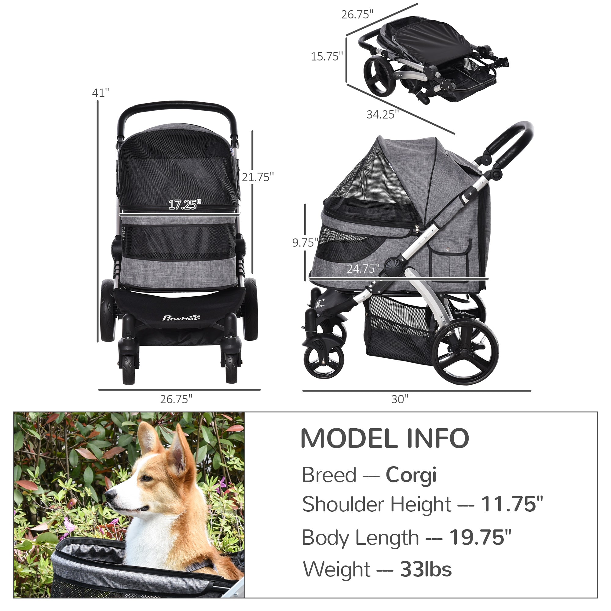 Pet Stroller Foldable Dog Cat Travel Carriage with Adjustable Handlebar PVC Wheel Brake Storage Bag Window Safety Leash