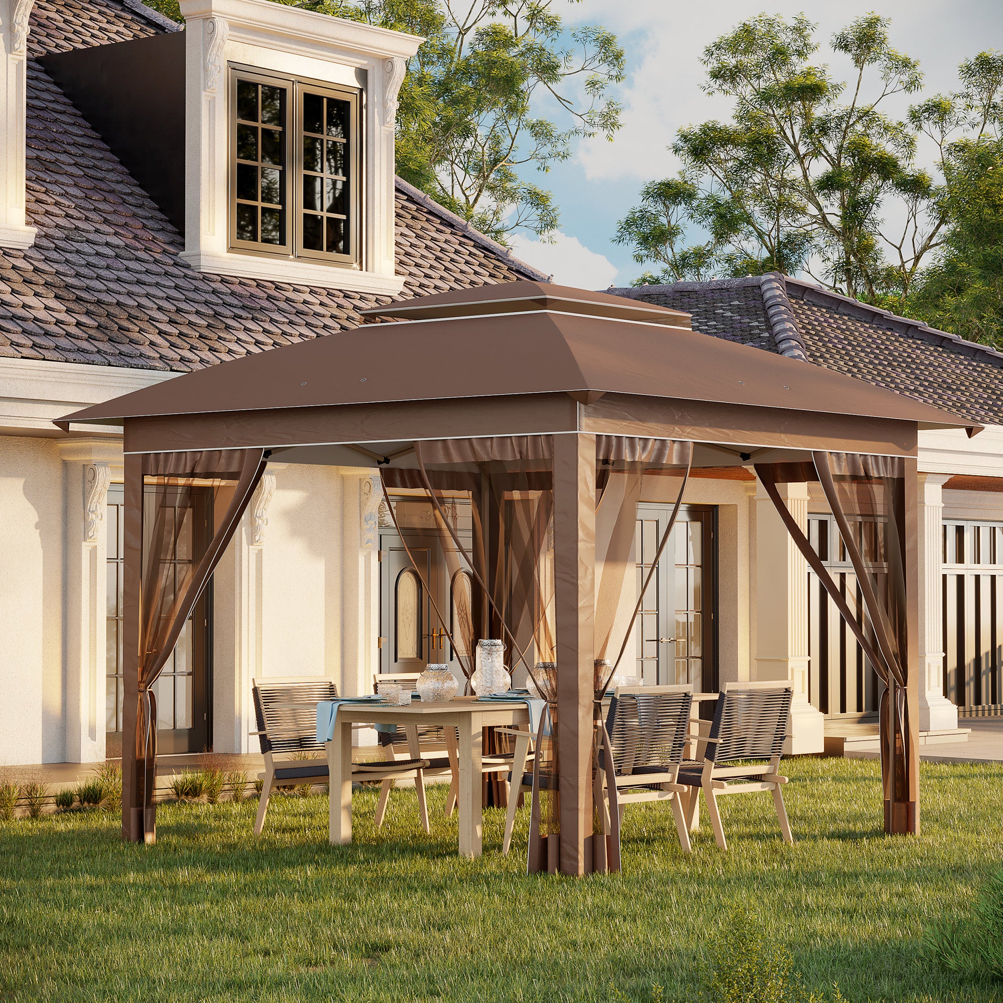 12' x 12' Pop Up Canopy Tent with Netting and Carry Bag, Instant Sun Shelter with 137 sq.ft Shade, Tents for Parties, Height Adjustable, for Outdoor, Garden, Patio, Khaki