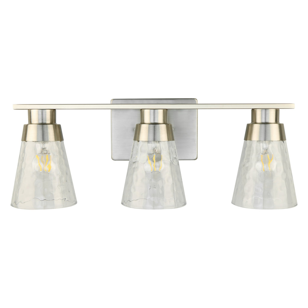 3 Light Brushed Nickel Bathroom Vanity Light Fixtures With Clear Hammered Glass Shade, 22 Inch Bathroom Lighting Fixtures Over Mirror, For Bathroom Shower Toilet
