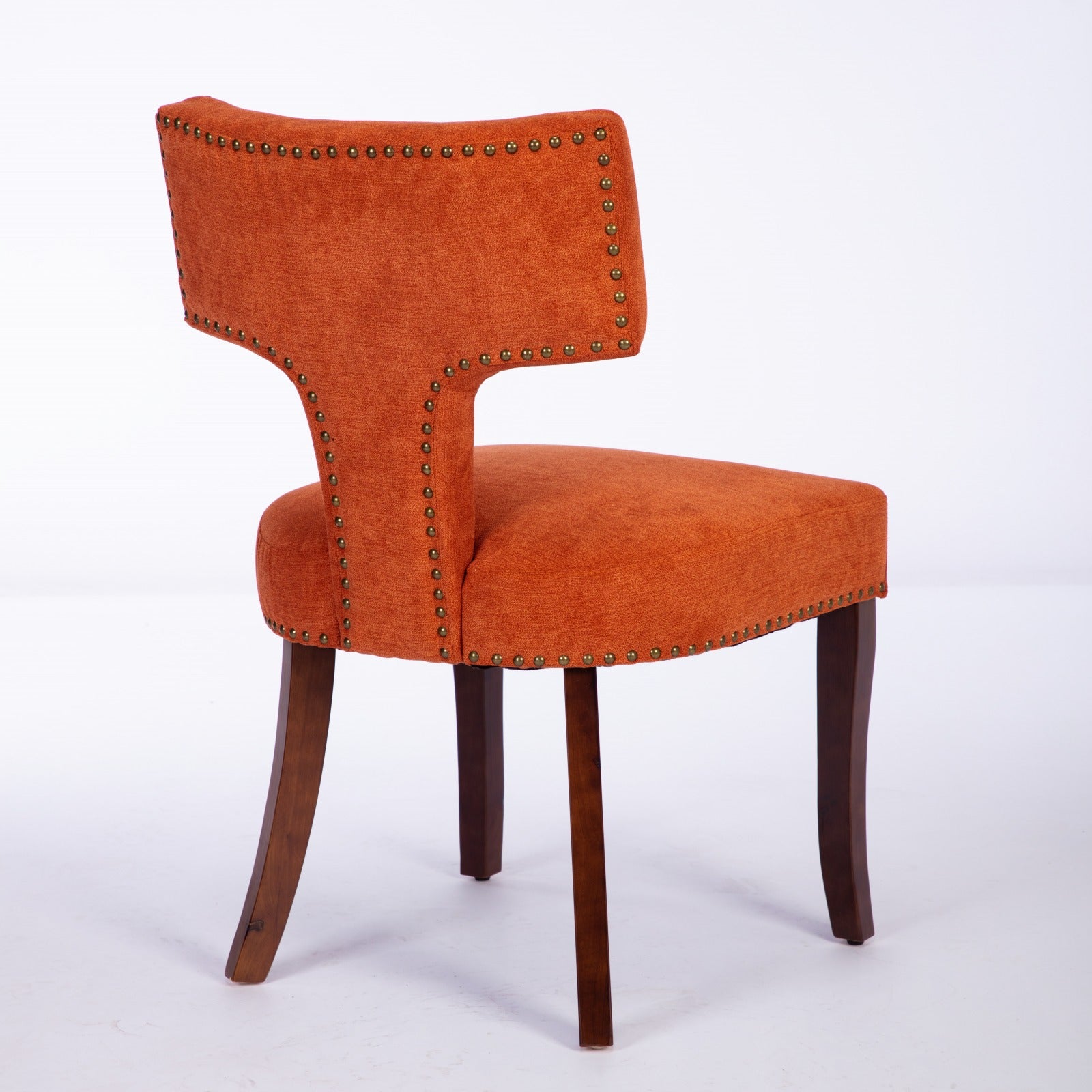 Mid Century Modern Dining Chairs Set Of 2, Farmhouse Linen Fabric Upholstered Accent Chair Curved Backrest With Copper Nails Around,Kitchen Chairs With Hardwood Frame, Orange