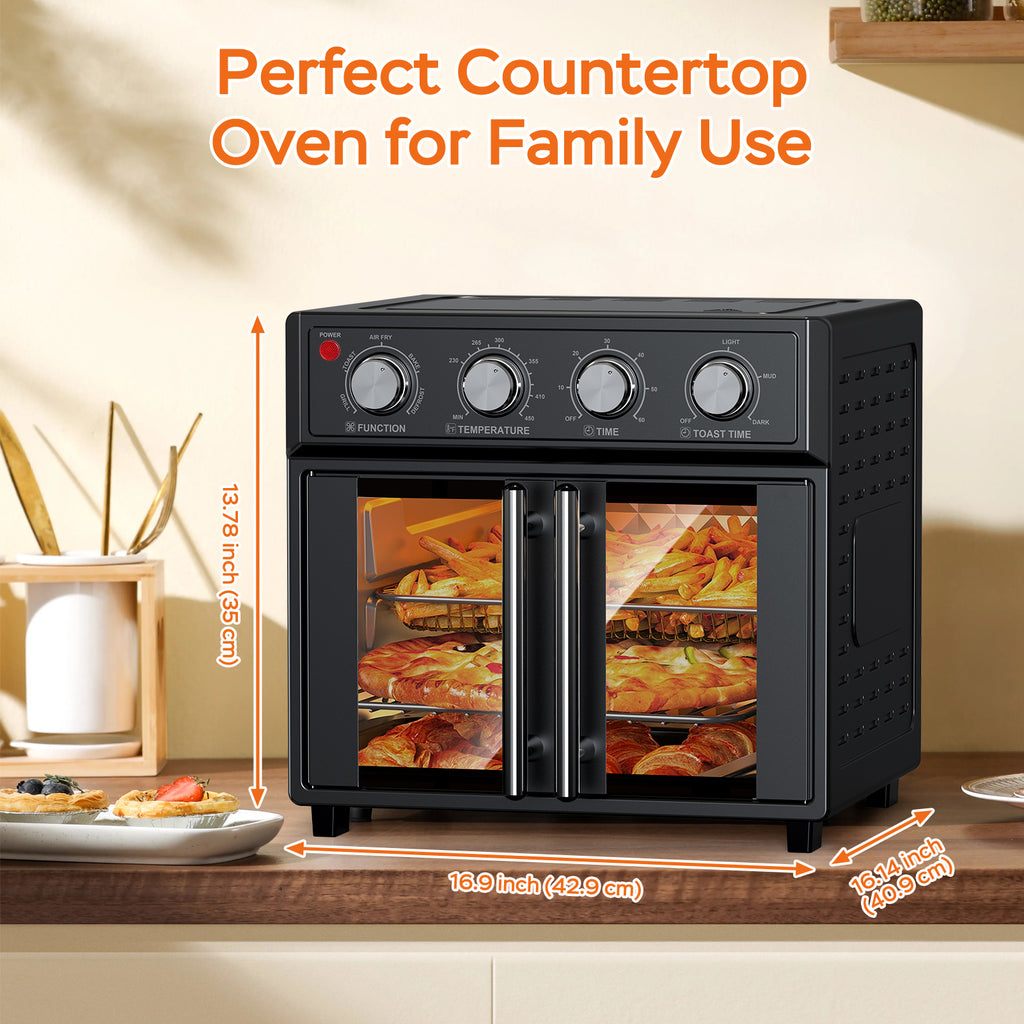 29.5 QT Air Fryer Convection Toaster Oven, French Door, 6 Slices, 1700W, Multifunction Oven, Air Fryer, Toast, Grill, Defrost, Bake, Time And Temperature Controls, Black