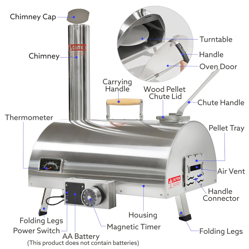 Outdoor 12 Automatic Rotatable Wood Fired Pizza Oven, Stainless Steel Portable