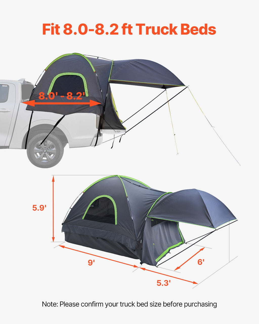 Pickup Truck Tent, Fits 8.0-8.2 Ft Truck Tents For Camping, Waterproof PU2000 2-3 Person Sleeping Truck Bed Tent, Sturdy Truck Bed Camper Shell With Expandable Awning, Rainfly, Storage Bag