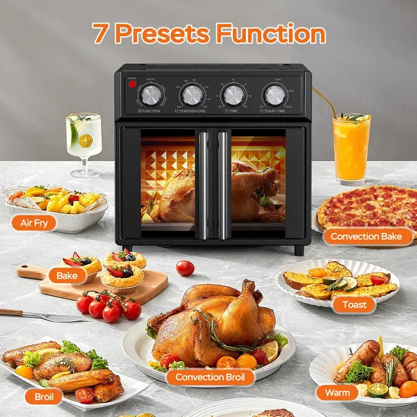 PlumChef 29.5 Quart Extra Large 6 Slices Air Fryer Convection Toaster Oven, French Door, 1700W, Multifunction Oven For Air Fryer, Toast, Grill, Defrost, Bake, Time And Temperature Controls, Black