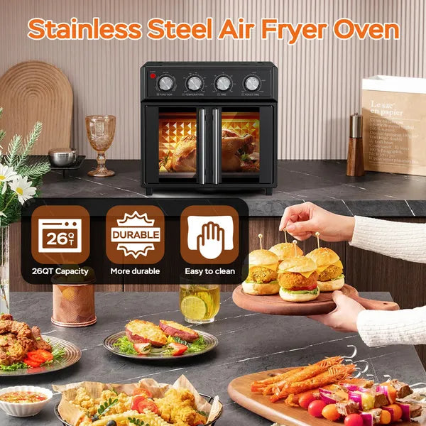 PlumChef 29.5 Quart Extra Large 6 Slices Air Fryer Convection Toaster Oven, French Door, 1700W, Multifunction Oven For Air Fryer, Toast, Grill, Defrost, Bake, Time And Temperature Controls, Black