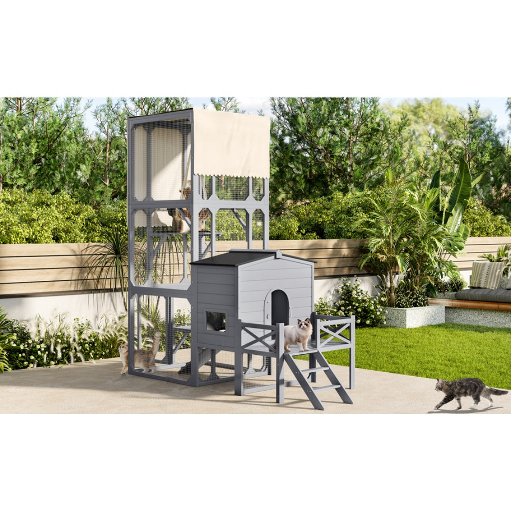 Catio Cat House Outdoor Large Cat Enclosure, Wooden Cat Cage For Multiple Cats With Jumping Platforms And Cat Swing, Removable Waterproof Cover, UV Resistant, 2 Combination, Gray