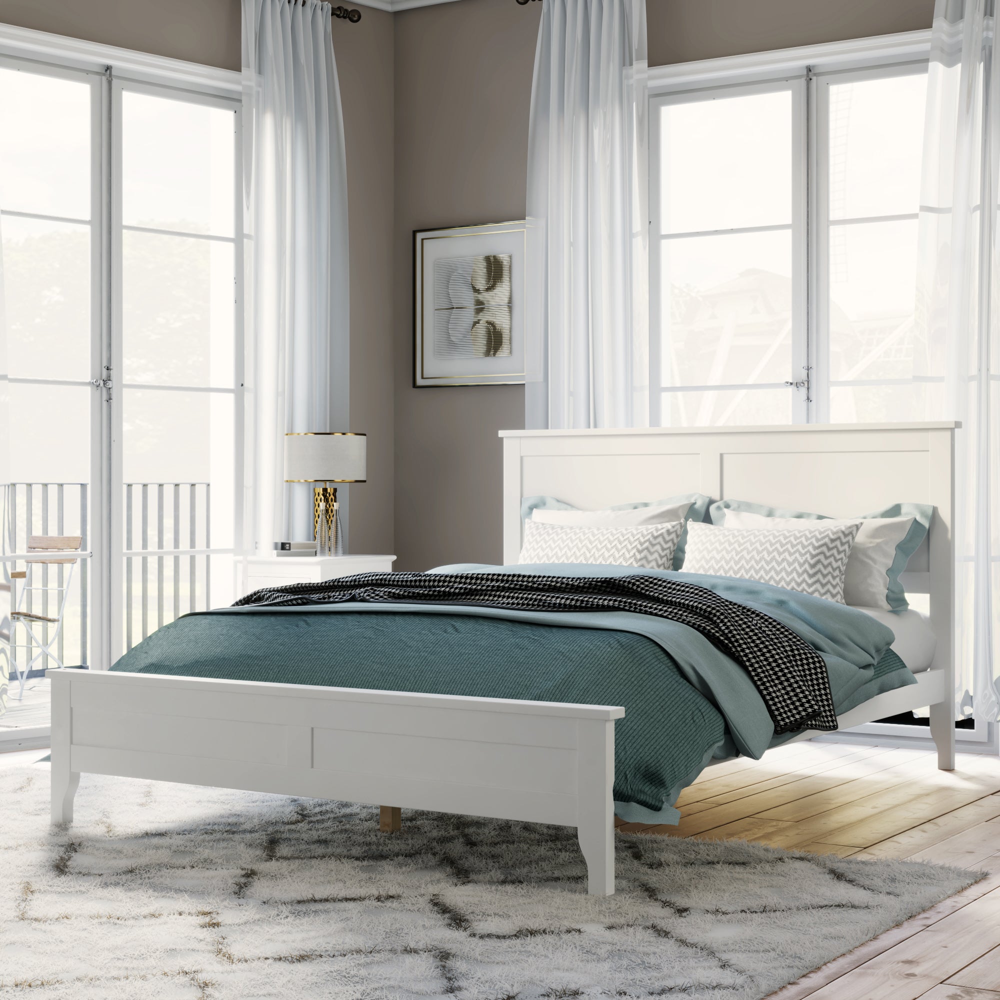 Modern White Solid Wood Queen Platform Bed
