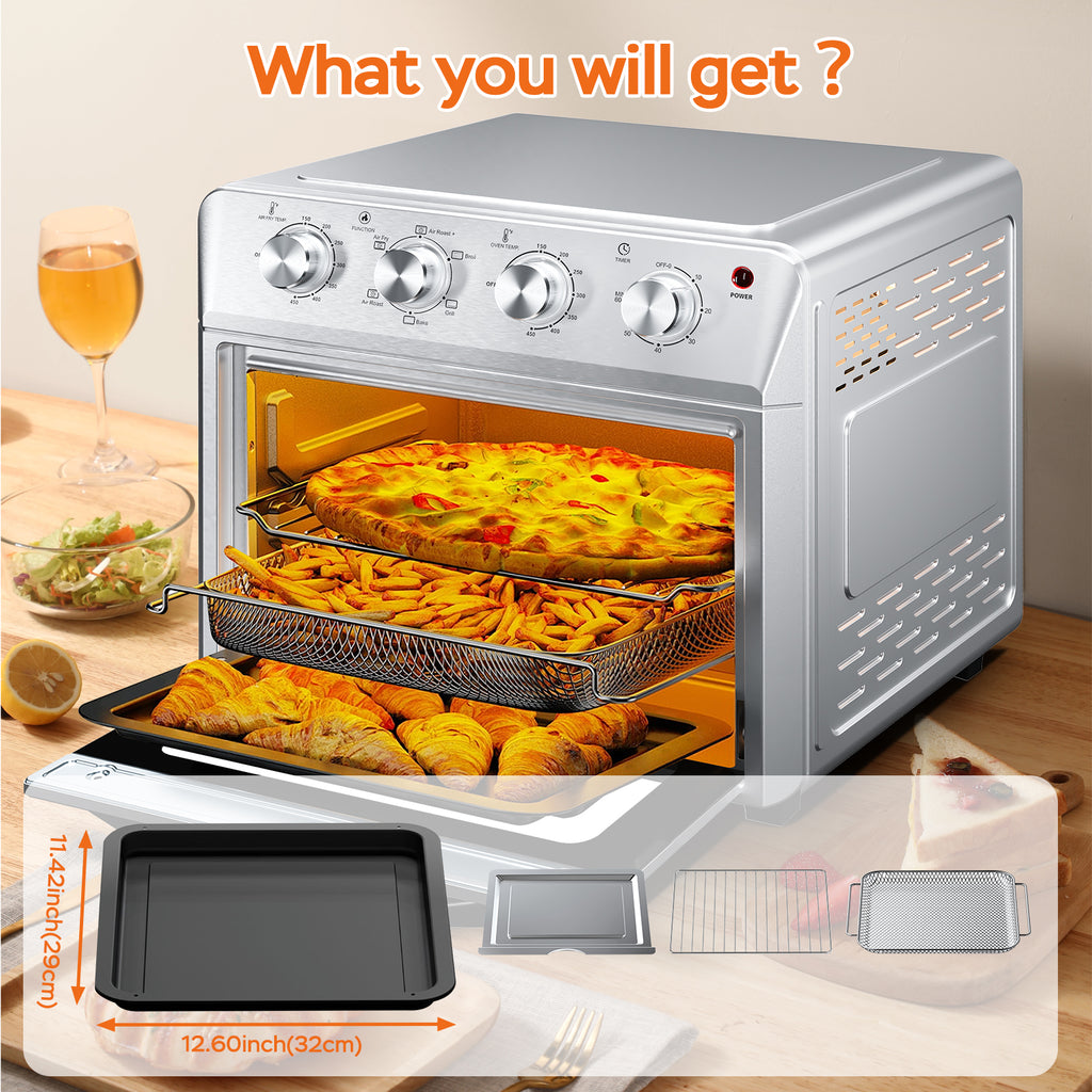 27.5QT 6-in-1 Air Fryer Toaster Oven, 6-Slice, Countertop Convection Oven, Air Frying, Baking, Roasting, Broiling & Grilling, 1600W, Sliver