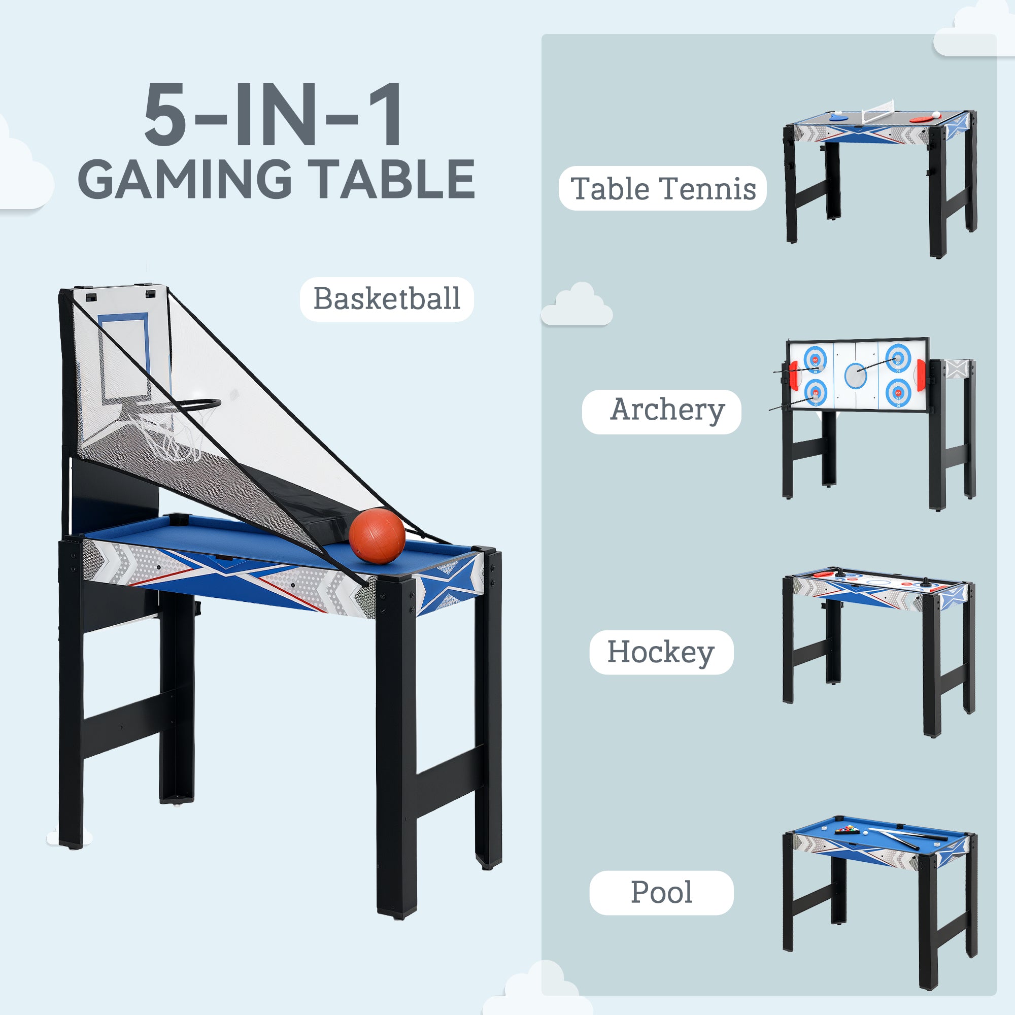 SPORTNOW 5-in-1 Multi Games Table, With Pool, Table Tennis, Basketball, Hockey, Archery, Blue