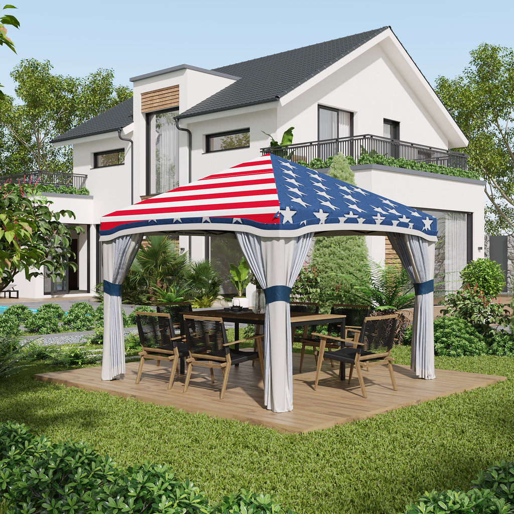10' x 10' Pop Up Canopy Tent with Netting, Instant Tents for Parties, Height Adjustable, with Wheeled Carry Bag and 4 Sand Bags for Outdoor, Garden, Patio, American Flag