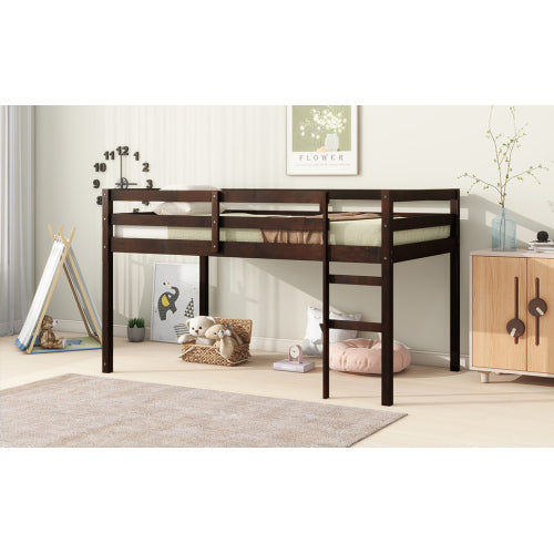 Solid Wooden, Rubber Wooden Twin Loft Bed With Ladder, Bed Platform Of Strengthened Slats , Espresso